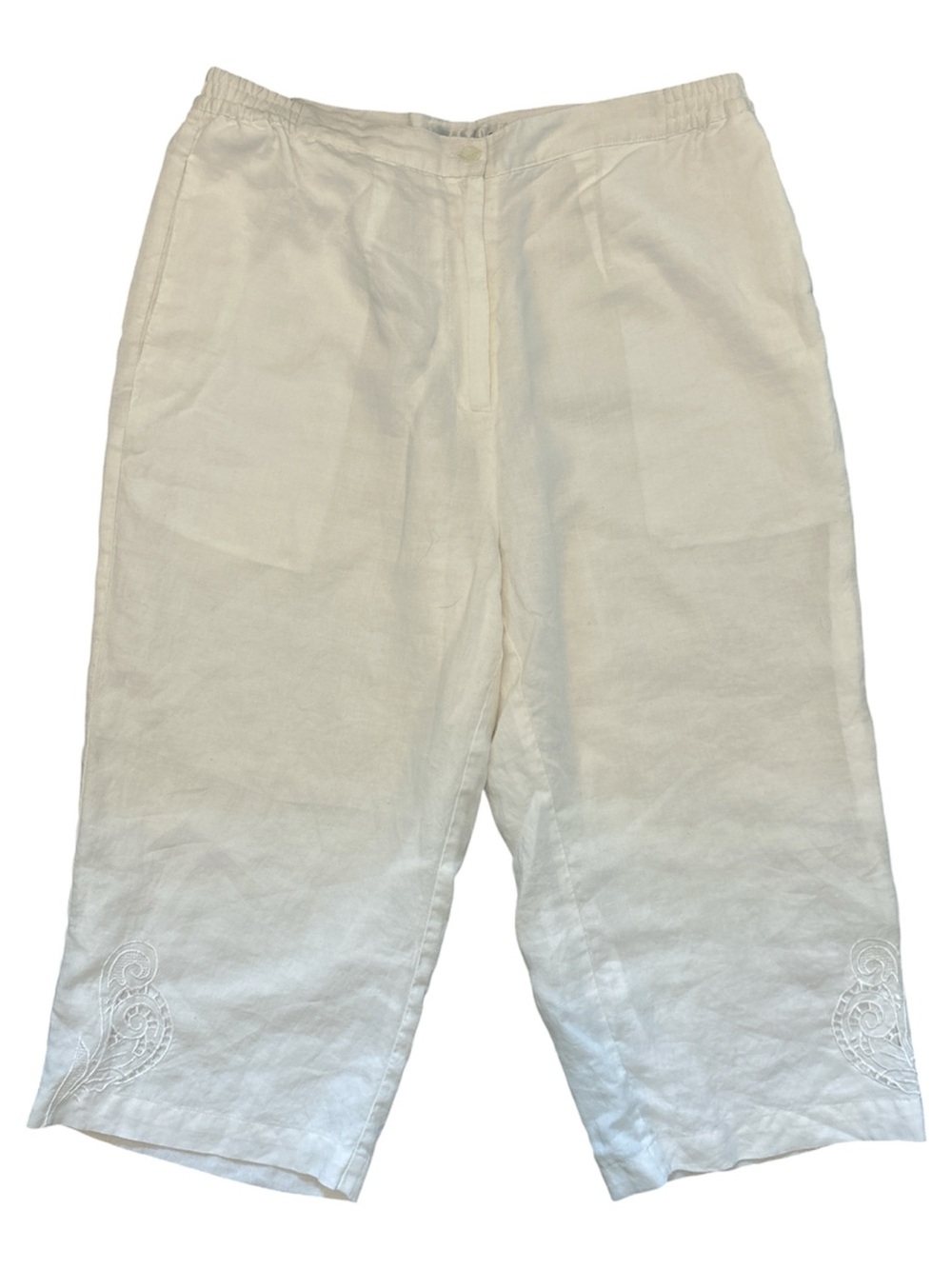 Lino USA White Linen Crop Pants Women’s Large Embroidered Hem Pull-On Capri